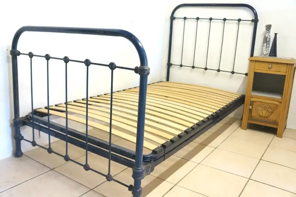 1930s French Blue Iron Bed Single W Slatted Base
