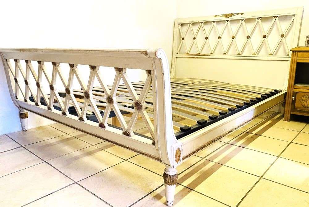 French 1920s King Size Wooden Bed Frame - White